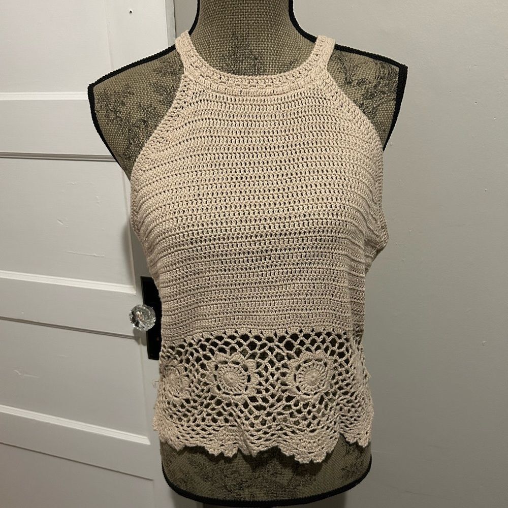 Blue Rain Cream Crochet Lace Halter Knit Sweater Top